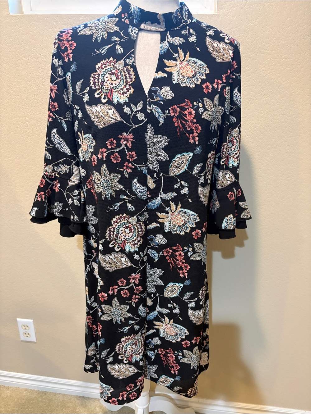 Rabbit Rabbit Rabbit Black Floral Midi Dress with Pink and Blue Accents-Size 10